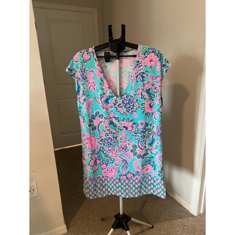 Lilly Pulitzer Tropical Pink & Blue V-Neck Giraffe Dress Women’s Size Medium